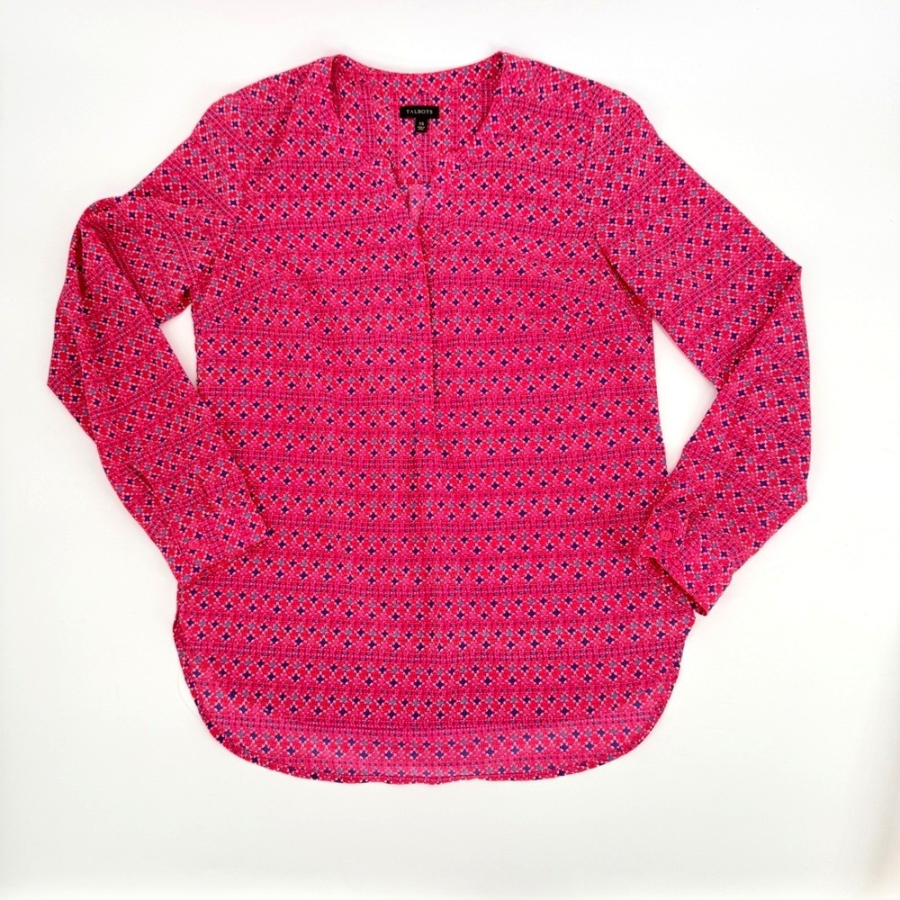 Talbots Womens Pink Geo Print Split Neck Long Sleeve Blouse Preppy XS Classic‎